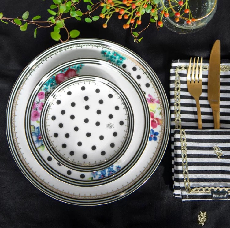 Melli Mello Black and White Cake Plates - Set of 4 with Exquisite Gold Rim