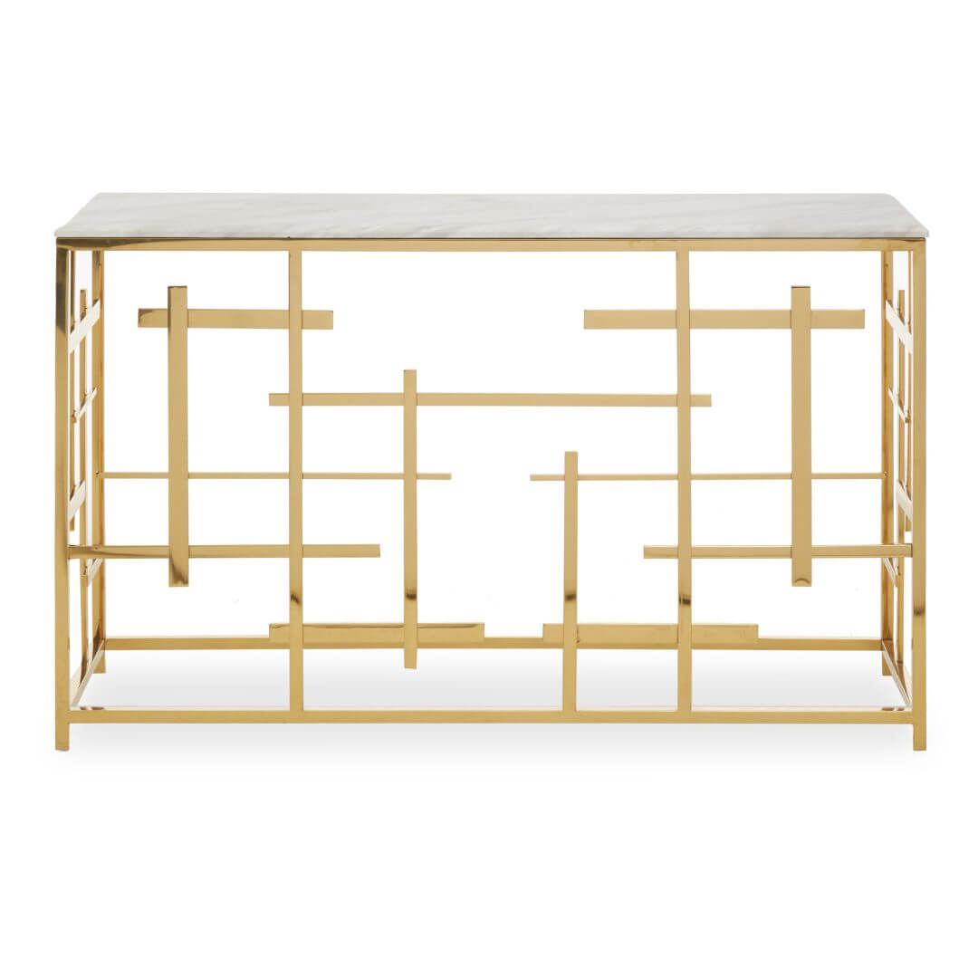 Stylish White Marble Console Table with Unique Gold Geometric Base