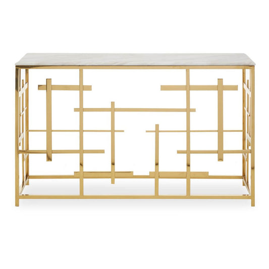 Stylish White Marble Console Table with Unique Gold Geometric Base