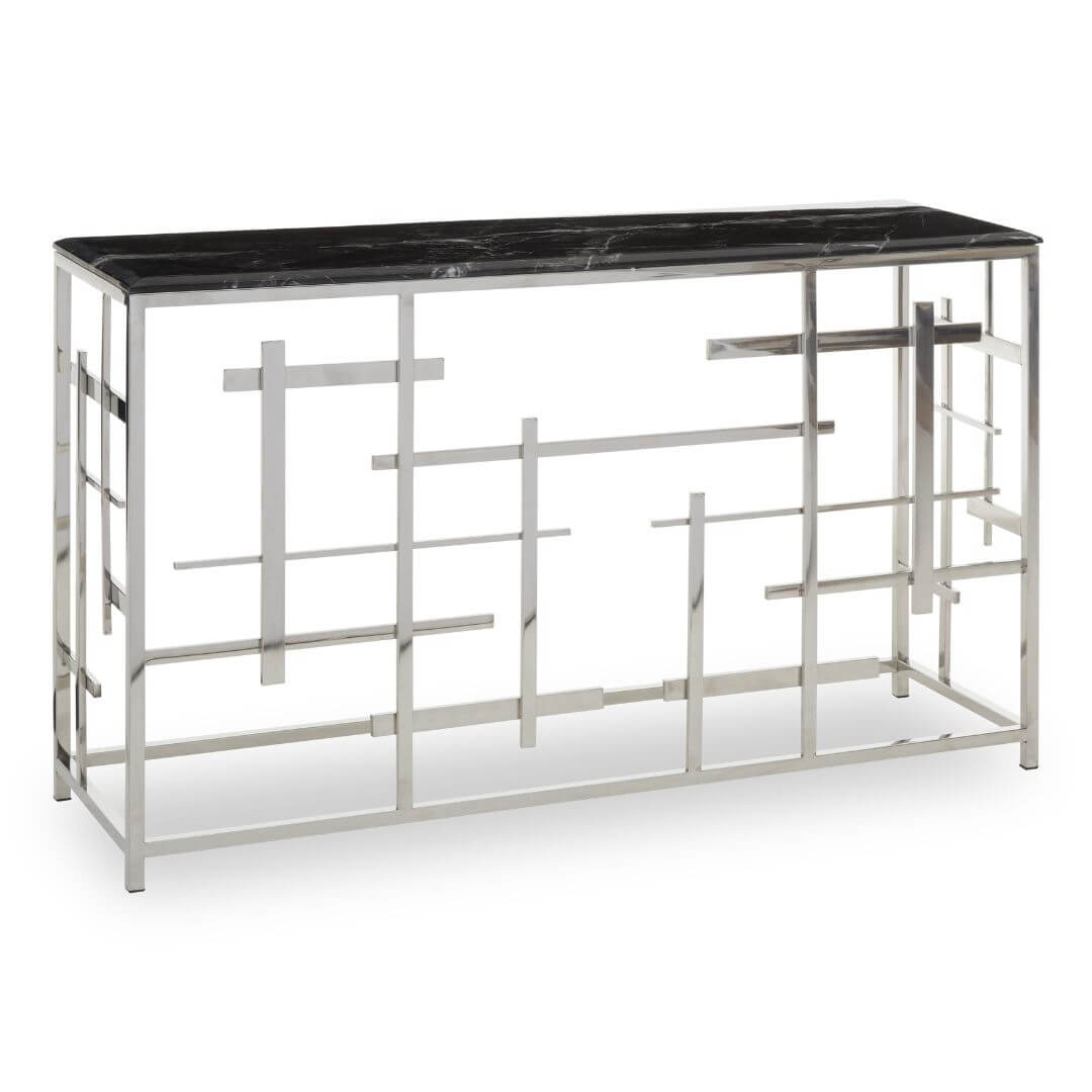 Luxurious Black Marble Entryway Table with Silver Base - Designer Furniture