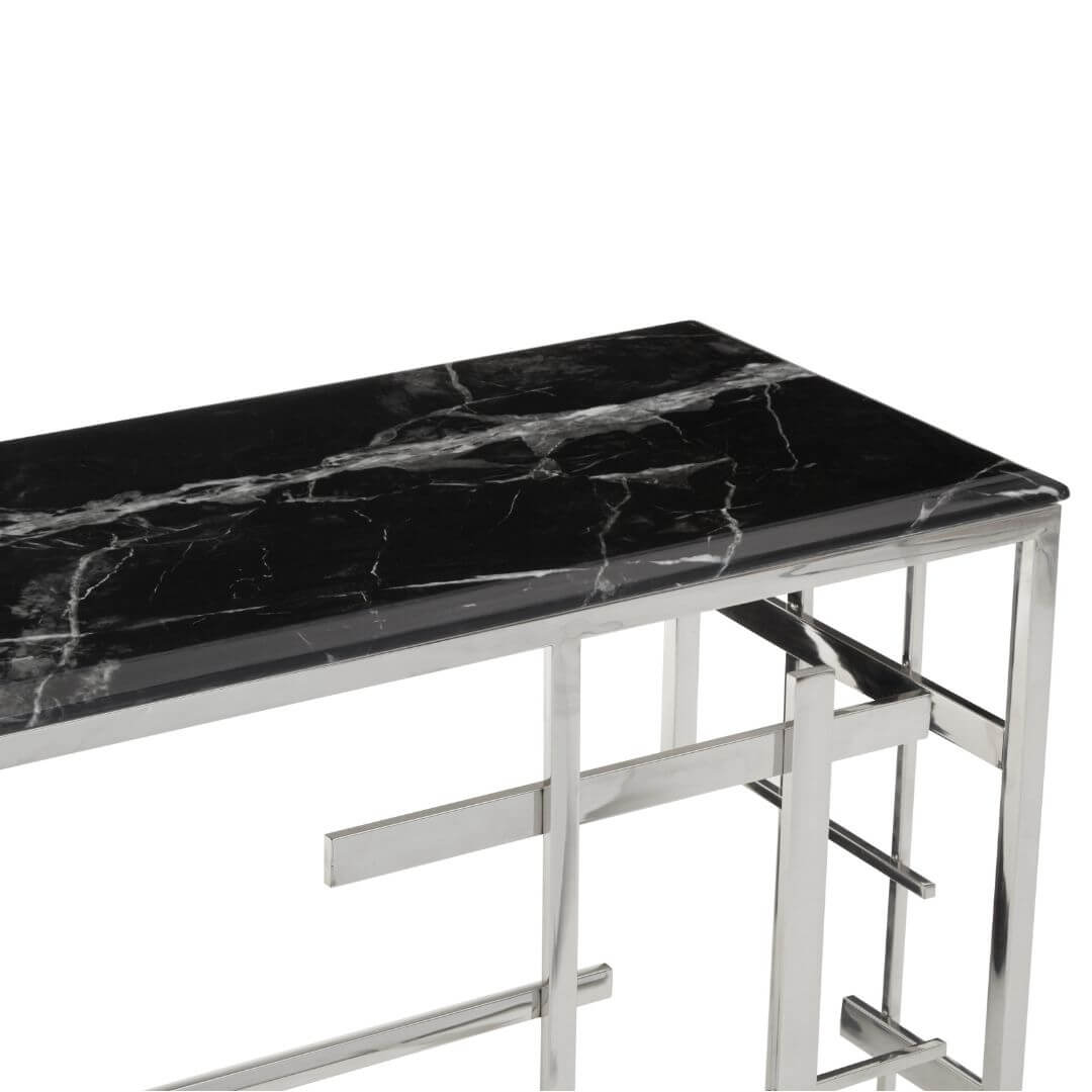 Luxurious Black Marble Entryway Table with Silver Base - Designer Furniture