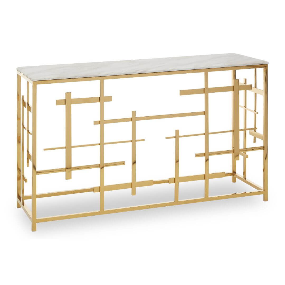 Stylish White Marble Console Table with Unique Gold Geometric Base