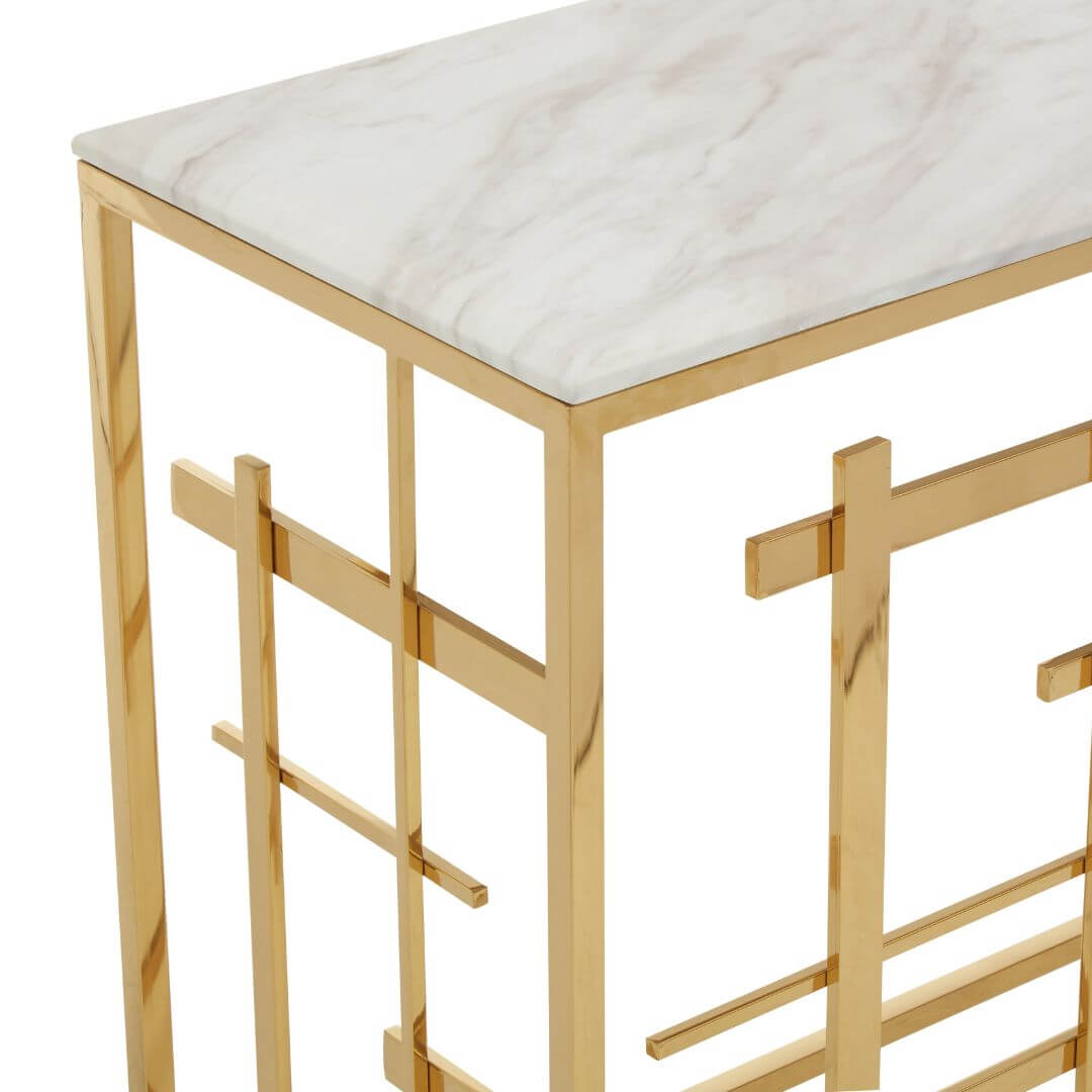 Stylish White Marble Console Table with Unique Gold Geometric Base
