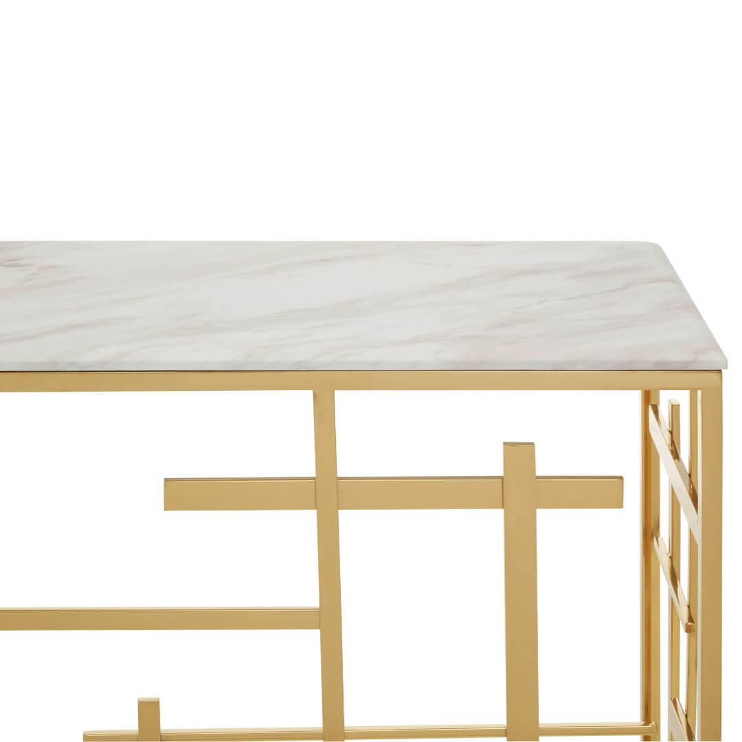 Stylish White Marble Console Table with Unique Gold Geometric Base