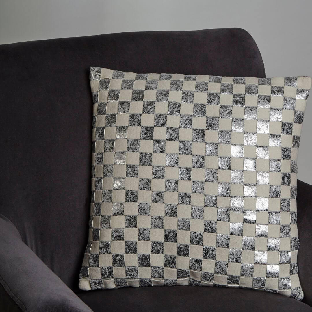 Chelsea Townhouse Elegant Square Cushion in Ivory and Silver Check