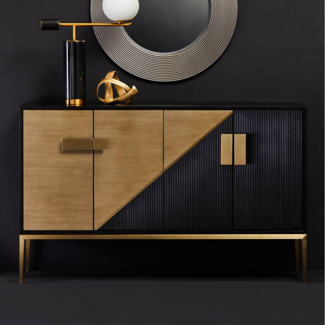 Sleek Gold Metal Legs Sideboard with Black Grey Wood Body