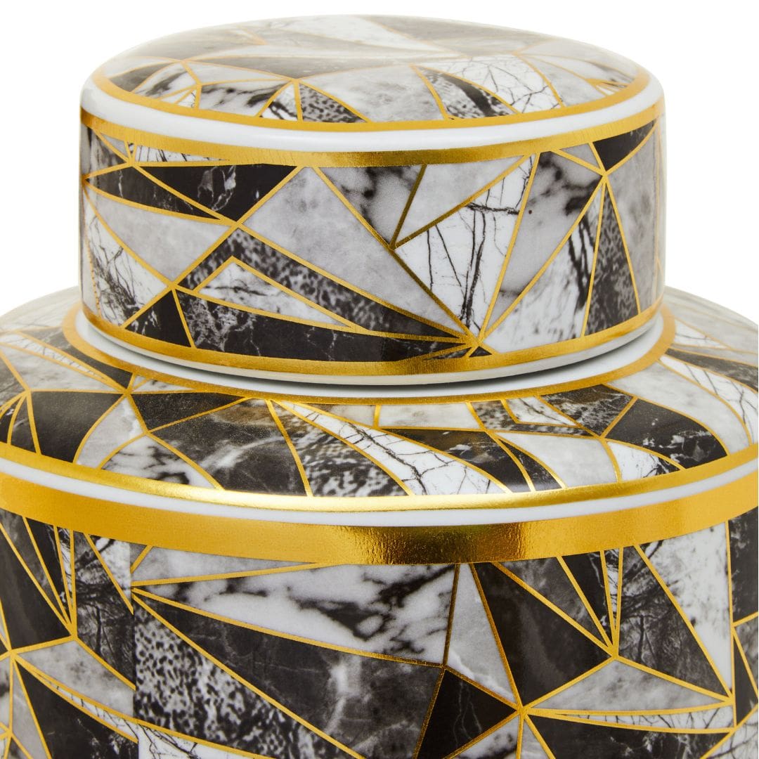 Large Ceramic Jar in Black with Assorted Colors and Gold Trim