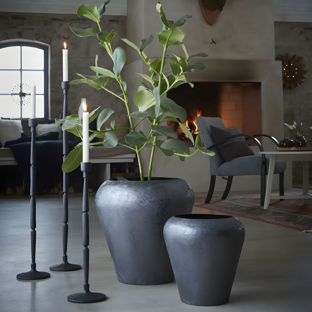 Elegant Set of 2 Large Black Iron Plant Pots