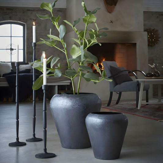 Elegant Set of 2 Large Black Iron Plant Pots