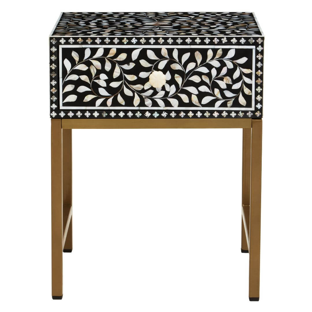Elegant Black Side Table with Intricate Bone Inlay