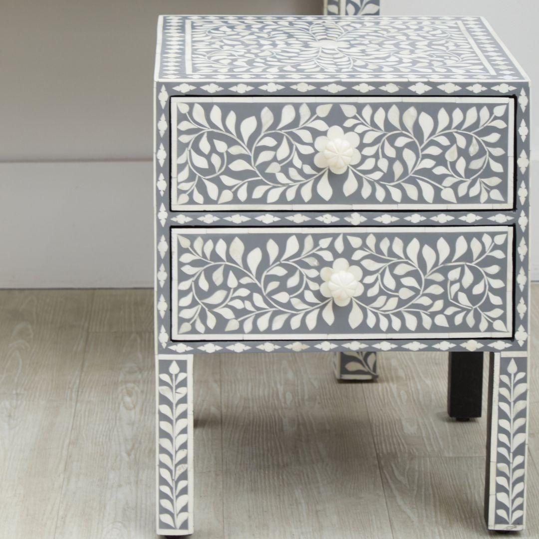 Vintage-inspired Bone Inlay Side Table with Storage Drawers