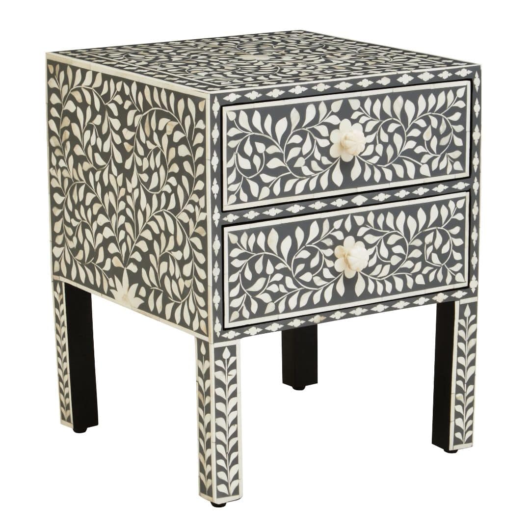 Vintage-inspired Bone Inlay Side Table with Storage Drawers