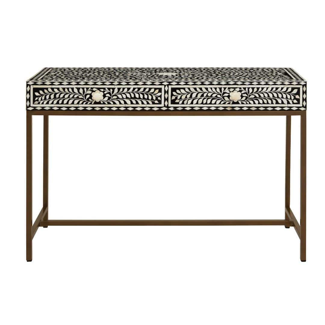Minimalist Black Wood Console Table with Unique White Bone Inlay Design