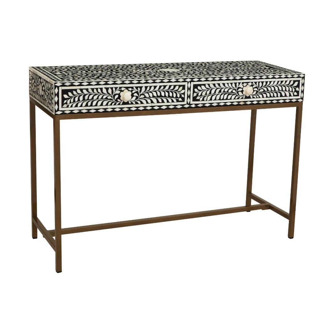 Minimalist Black Wood Console Table with Unique White Bone Inlay Design