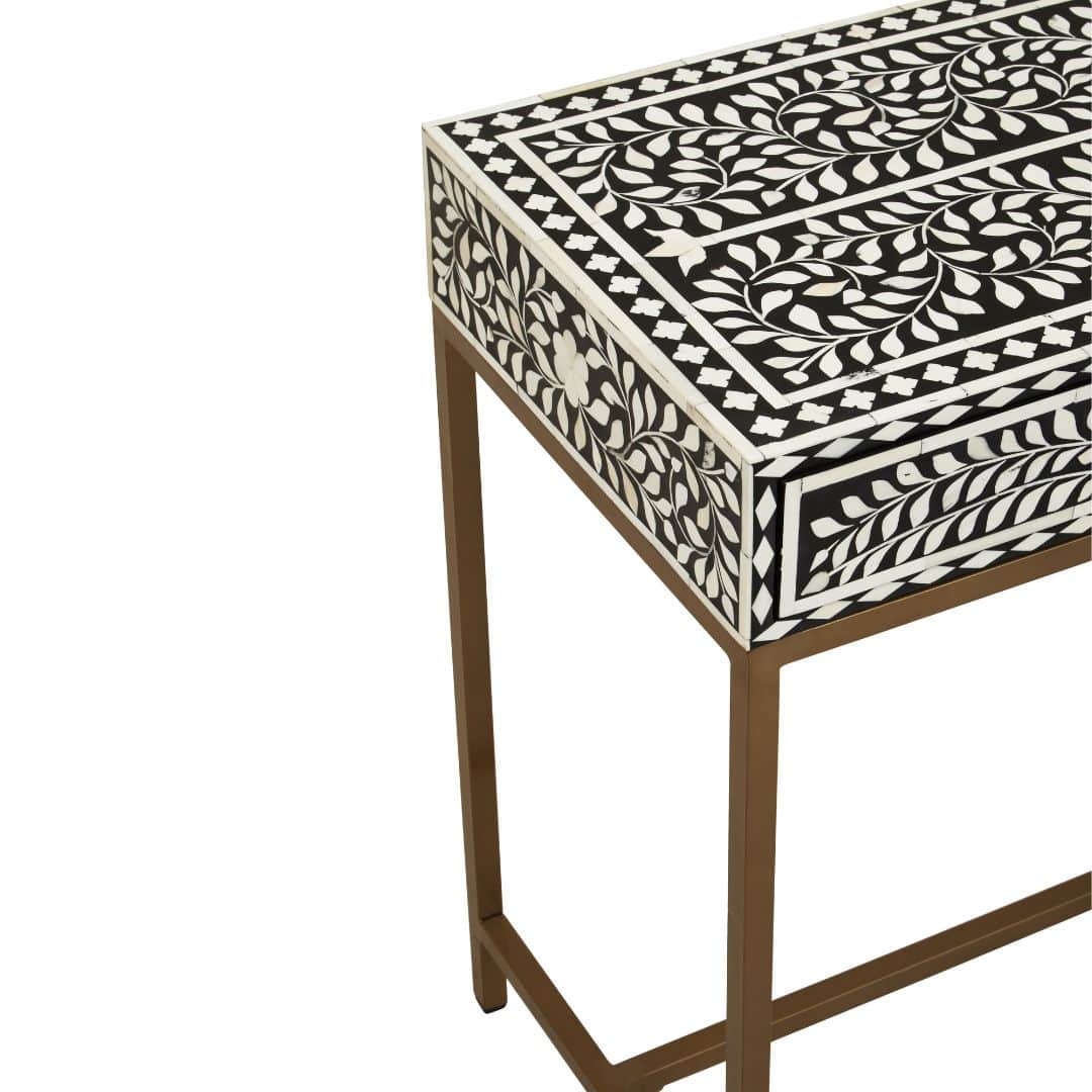 Minimalist Black Wood Console Table with Unique White Bone Inlay Design