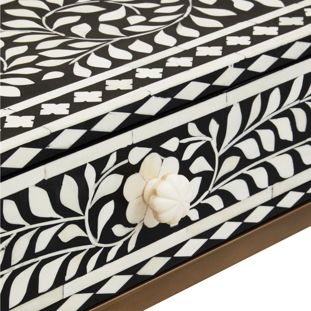 Minimalist Black Wood Console Table with Unique White Bone Inlay Design