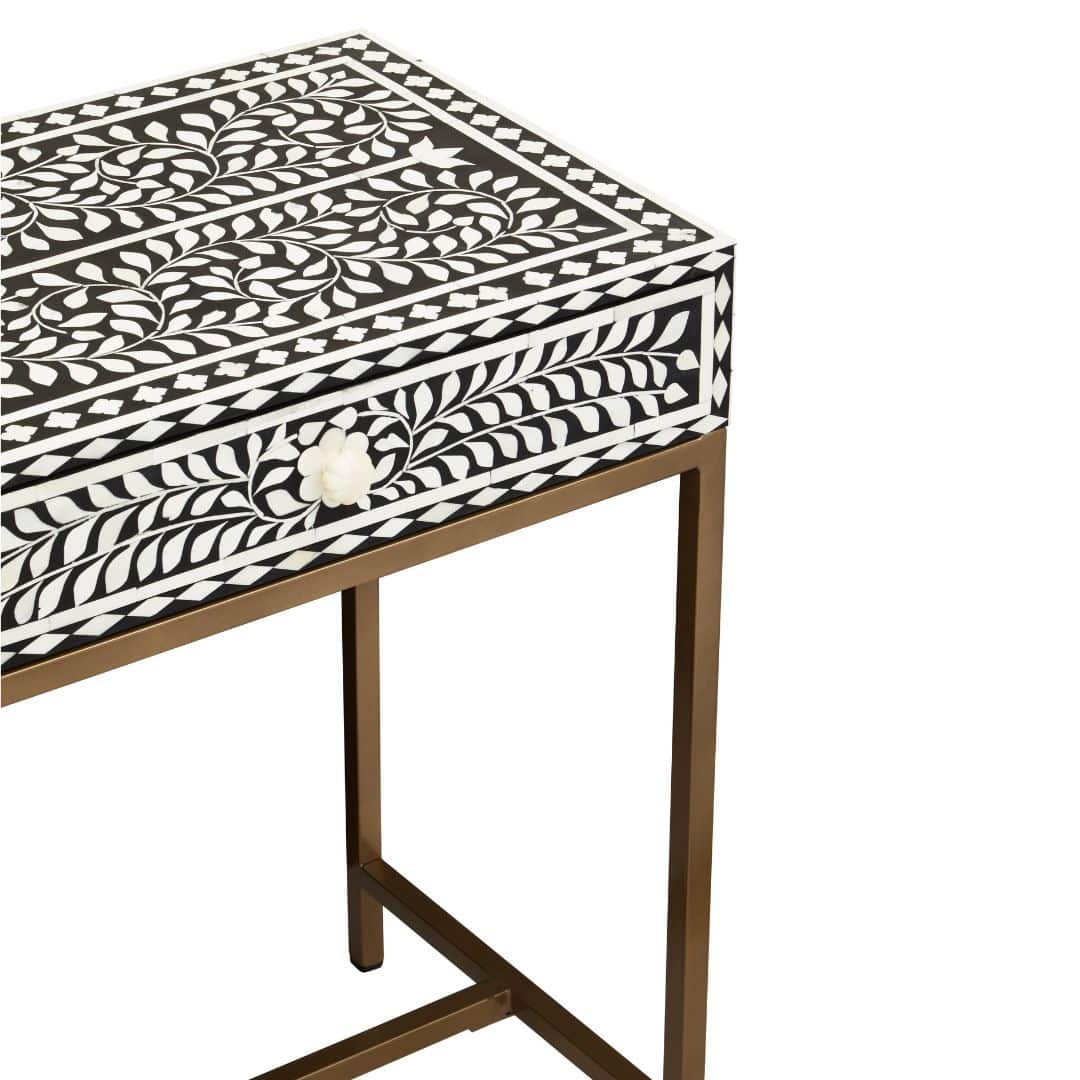 Minimalist Black Wood Console Table with Unique White Bone Inlay Design