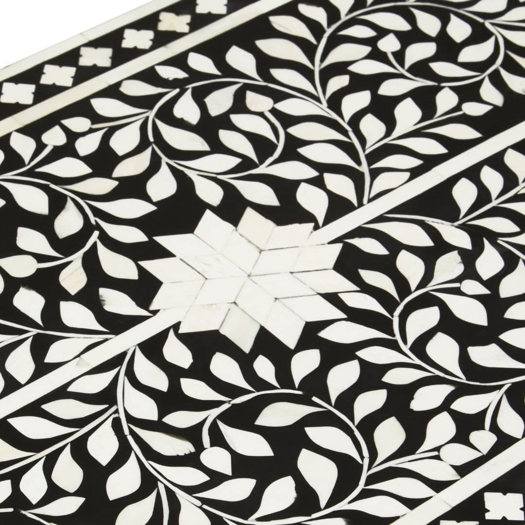 Minimalist Black Wood Console Table with Unique White Bone Inlay Design