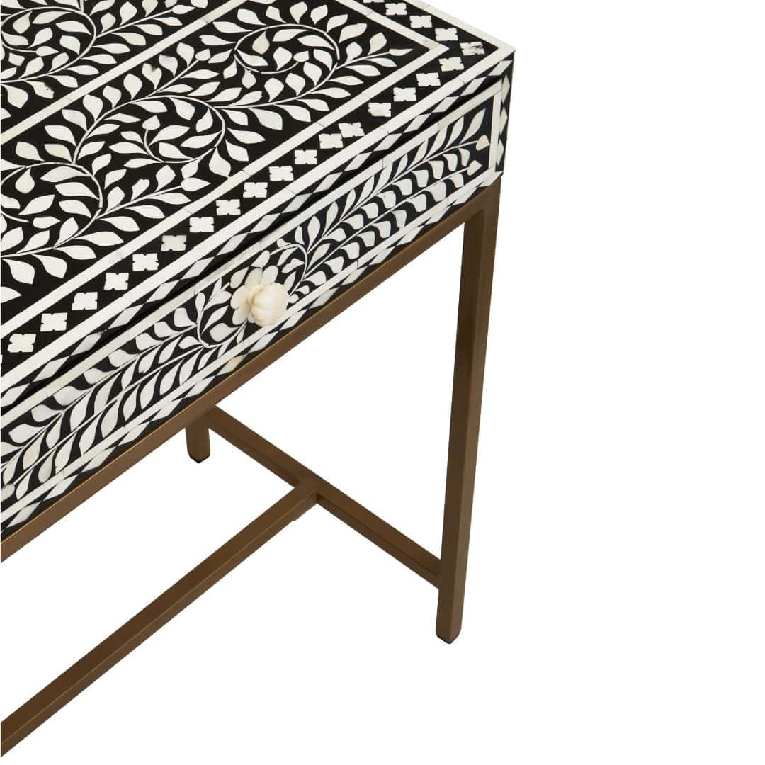Minimalist Black Wood Console Table with Unique White Bone Inlay Design