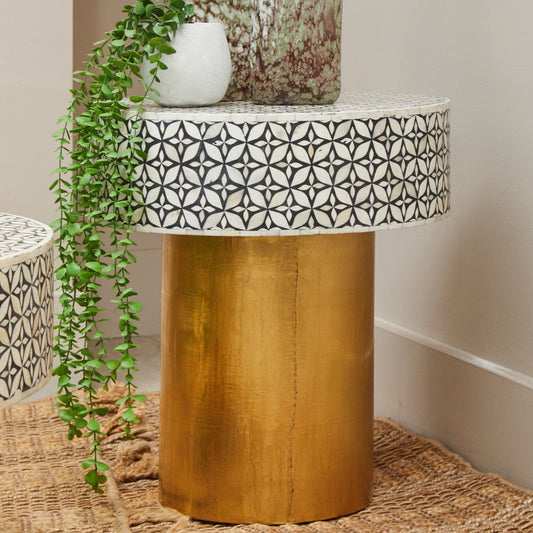 Round Side Table with Intricate Bone Inlay Detail and Elegant Gold Base