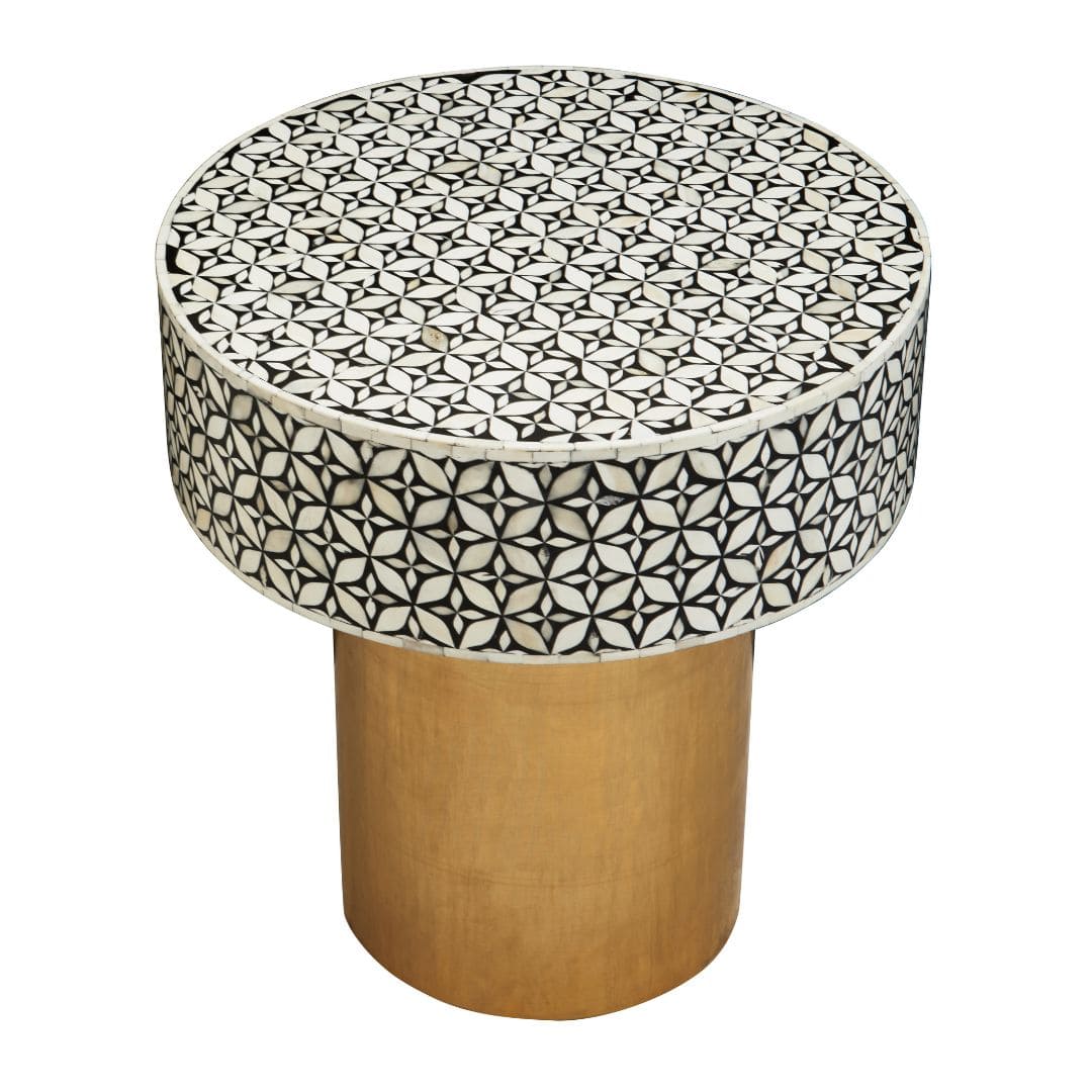 Round Side Table with Intricate Bone Inlay Detail and Elegant Gold Base