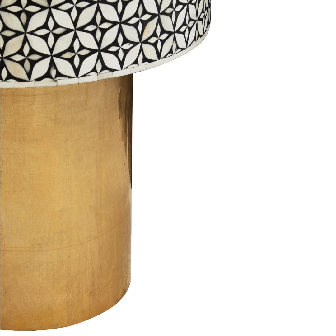 Round Side Table with Intricate Bone Inlay Detail and Elegant Gold Base