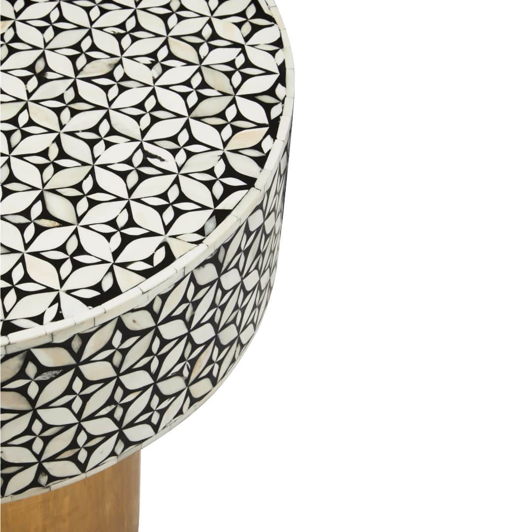 Round Side Table with Intricate Bone Inlay Detail and Elegant Gold Base