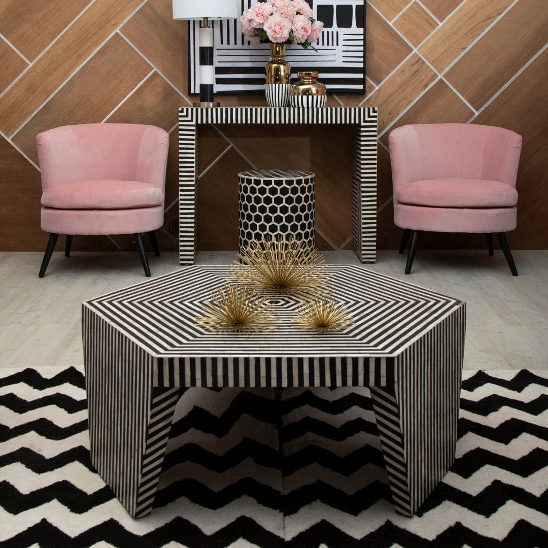 Hexagon Coffee Table with Bone Inlay Detailing - Monochrome Accent