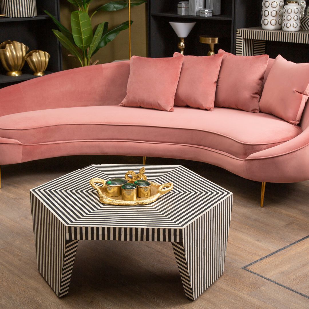 Hexagon Coffee Table with Bone Inlay Detailing - Monochrome Accent