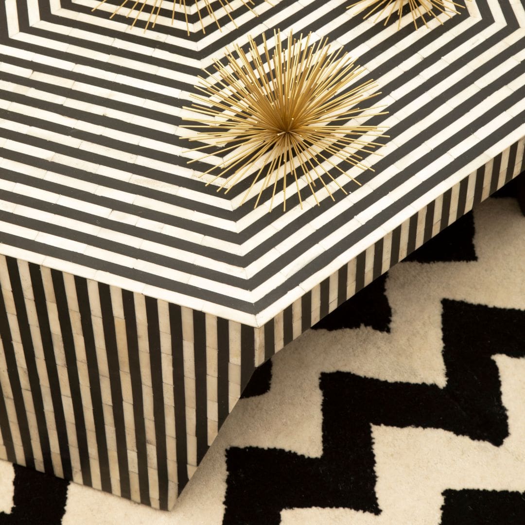 Hexagon Coffee Table with Bone Inlay Detailing - Monochrome Accent