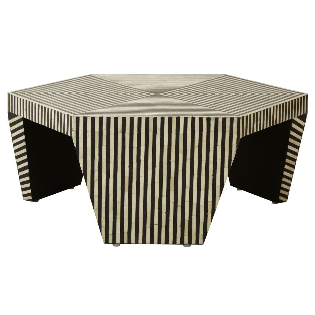 Hexagon Coffee Table with Bone Inlay Detailing - Monochrome Accent