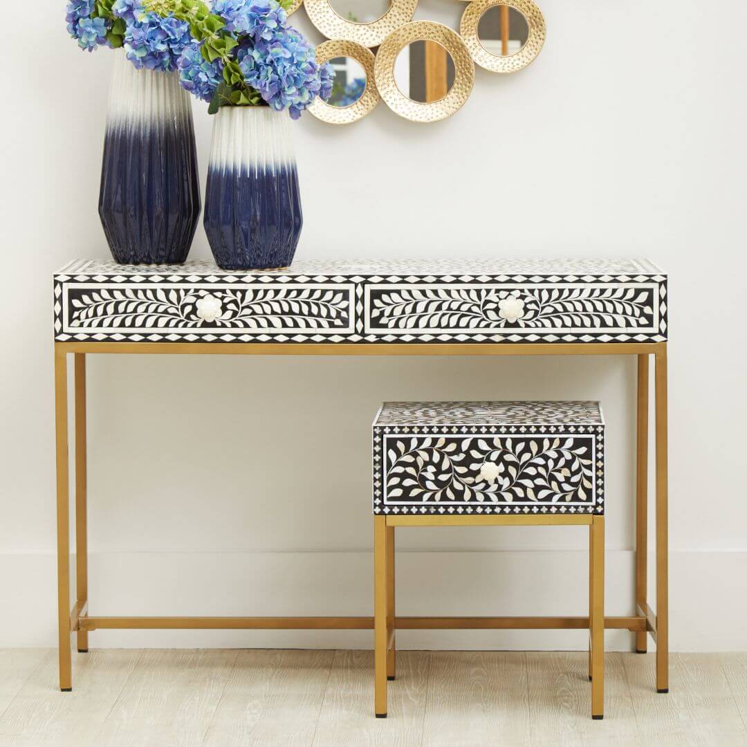 Elegant Black Side Table with Intricate Bone Inlay