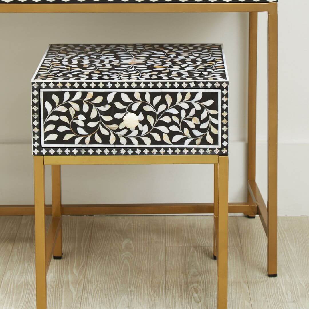 Elegant Black Side Table with Intricate Bone Inlay