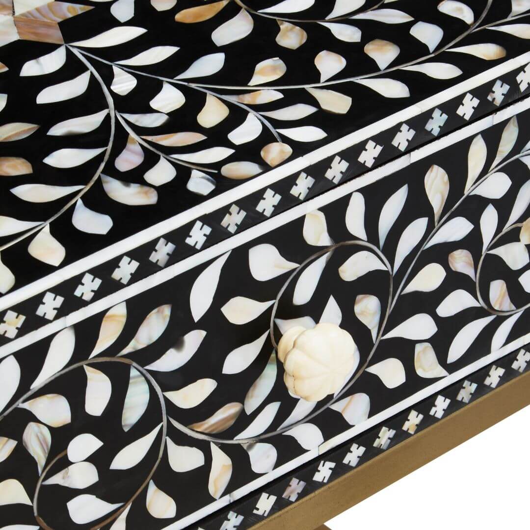 Elegant Black Side Table with Intricate Bone Inlay