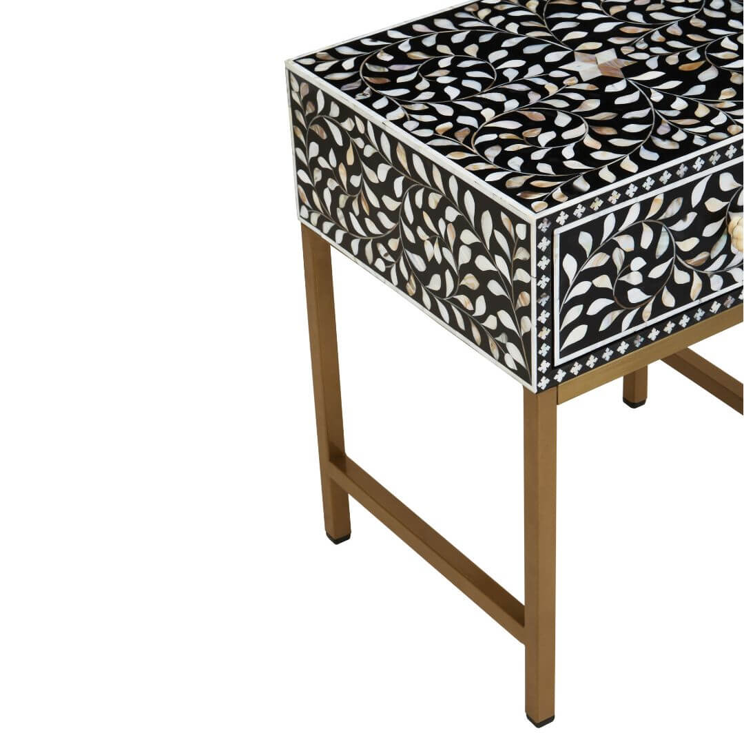 Elegant Black Side Table with Intricate Bone Inlay