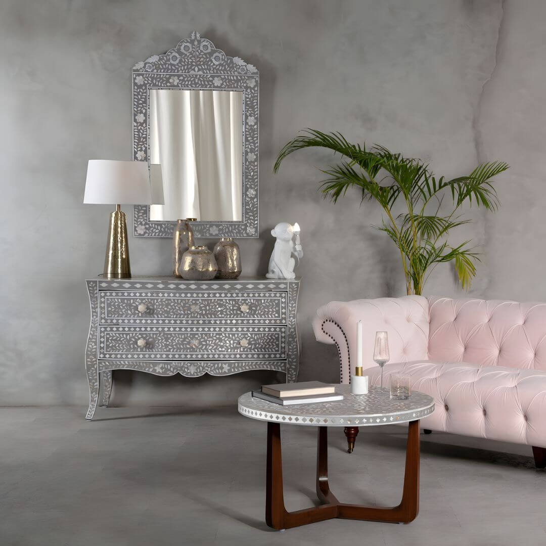 Vintage Style 2 Drawer Chest Featuring Exquisite Mother of Pearl Design