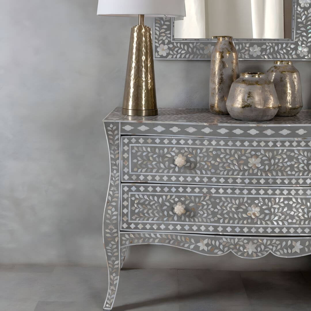 Vintage Style 2 Drawer Chest Featuring Exquisite Mother of Pearl Design