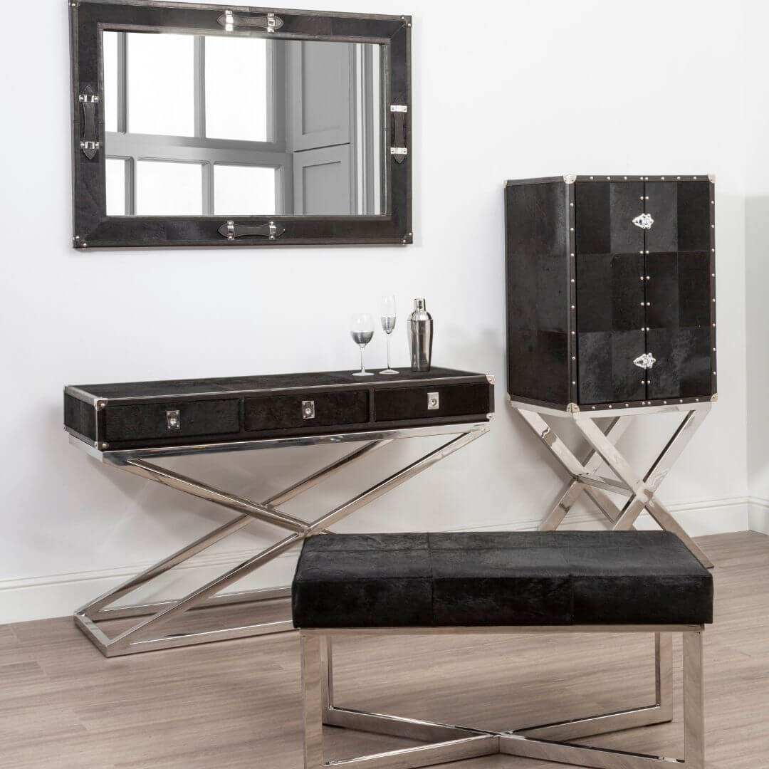 Stylish Chelsea Townhouse Black Hair-On-Hide 3 Drawer Console Table