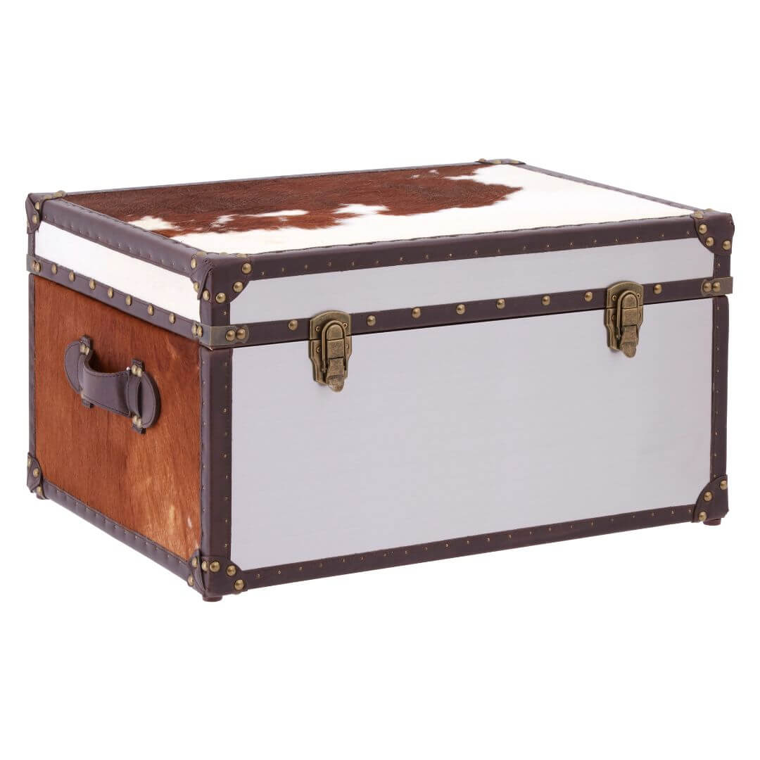 Chic Chelsea Townhouse Cowhide Storage Trunk - Brown & White Accent