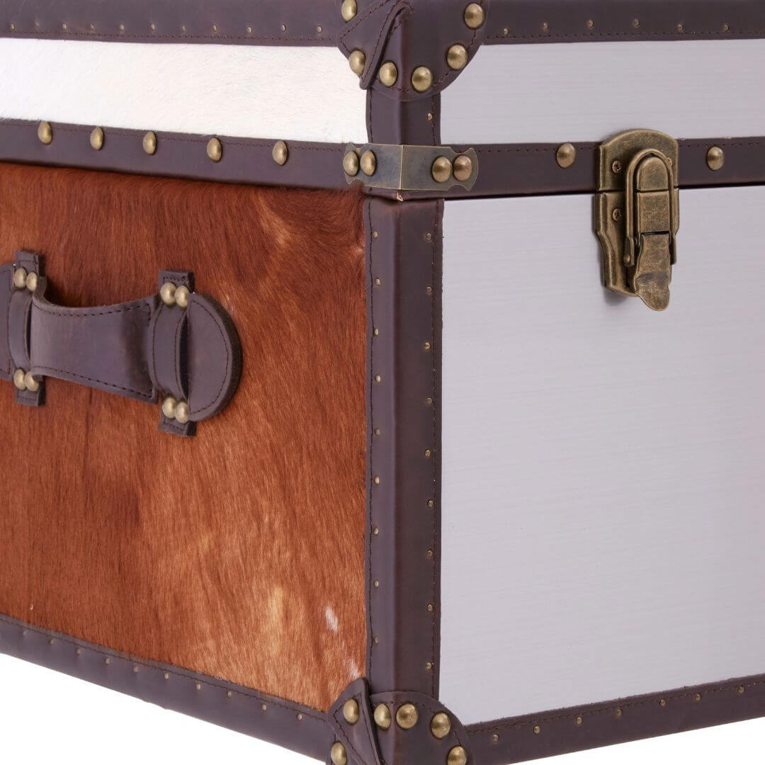 Chic Chelsea Townhouse Cowhide Storage Trunk - Brown & White Accent
