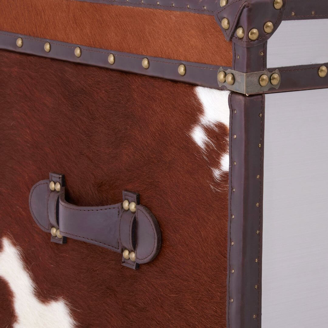 Chic Chelsea Townhouse Cowhide Storage Trunk - Brown & White Accent