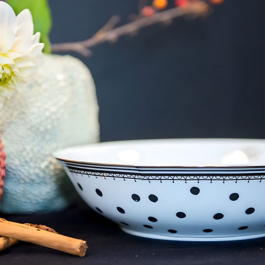 Melli Mello Black and White Dot Pasta Bowls with Gold Trim - Set of 4