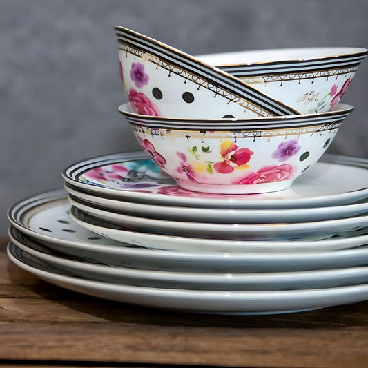 Melli Mello Set of 4 Porcelain Flower & Polka Dot Bowls with Gold Edging