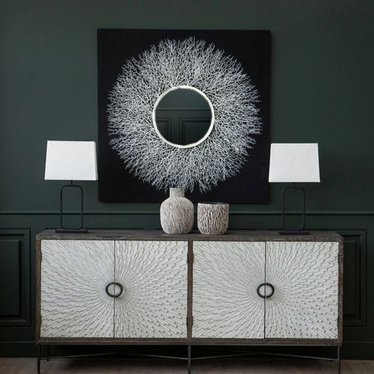 Contemporary Abstract Mirror Wall Decor with Slender Twig Forms - Silver and Black