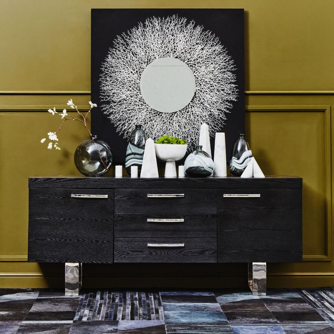 Contemporary Abstract Mirror Wall Decor with Slender Twig Forms - Silver and Black