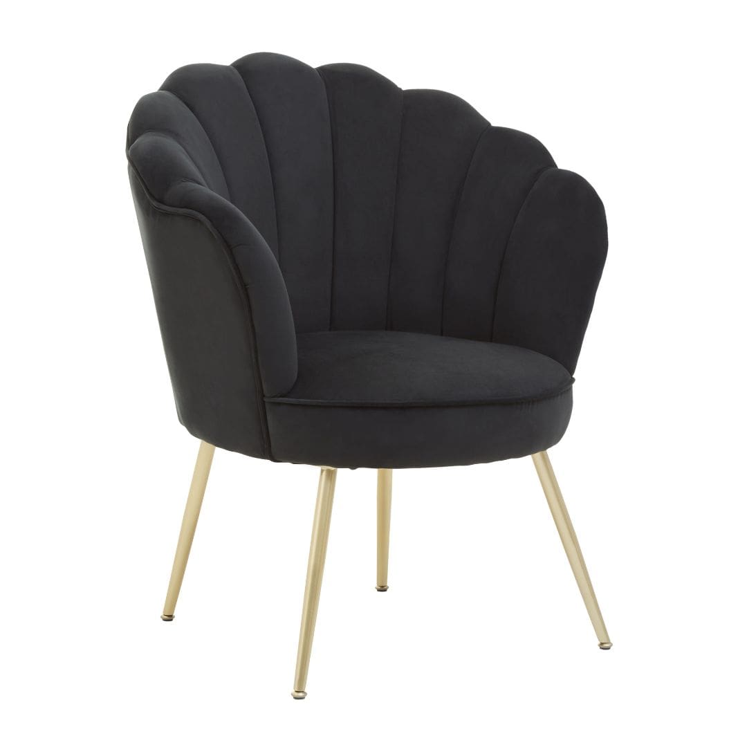 Stylish Black Velvet Scalloped Accent Chair