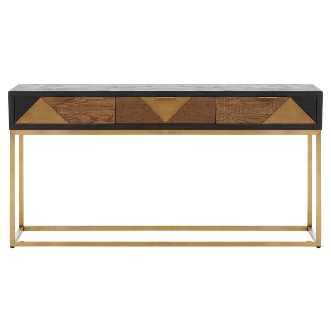 Modern Black & Gold Oak Console Table with Geometric Brass Panels