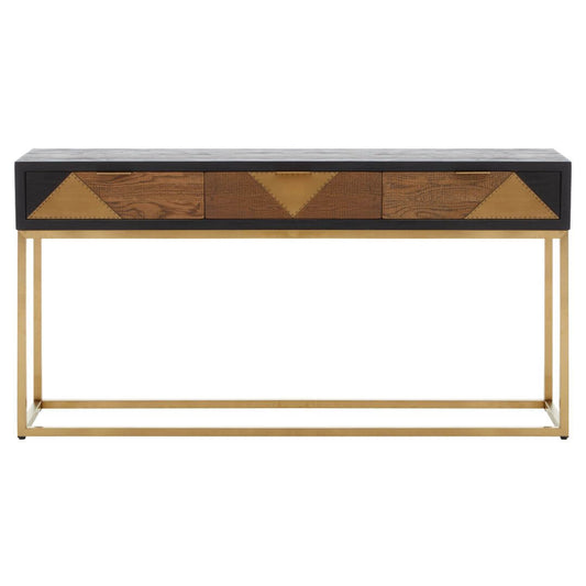 Modern Black & Gold Oak Console Table with Geometric Brass Panels