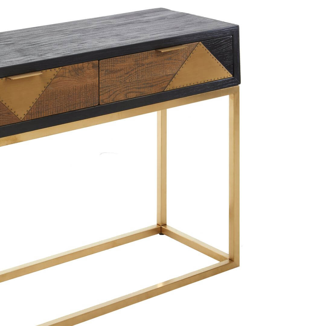 Modern Black & Gold Oak Console Table with Geometric Brass Panels