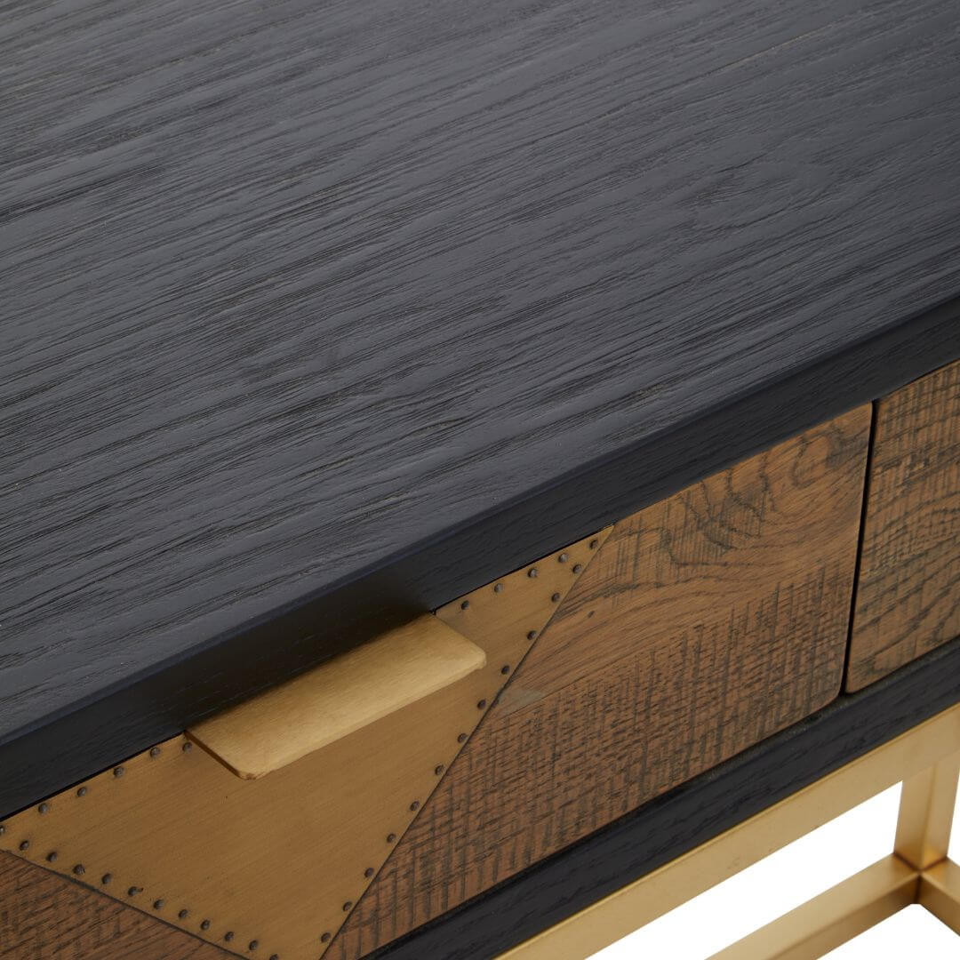 Modern Black & Gold Oak Console Table with Geometric Brass Panels
